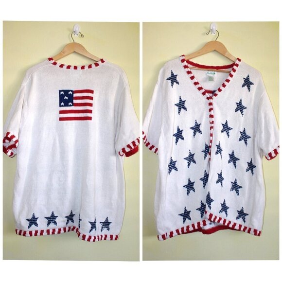 Quacker Factory Stars sequins Patriotic American Flag Sweater 3X Short Sleeve - Picture 1 of 11
